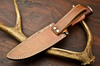 14" Handmade Damascus Bowie Knife – Camel Bone Handle, Premium Leather Sheath