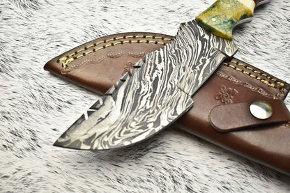 Premium Handmade Damascus Steel Camping Tracker Knife | Full Tang with Leather Sheath