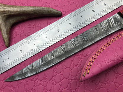 14" Handmade Damascus Fillet Knife Damascus Steel Knife W/Sheath