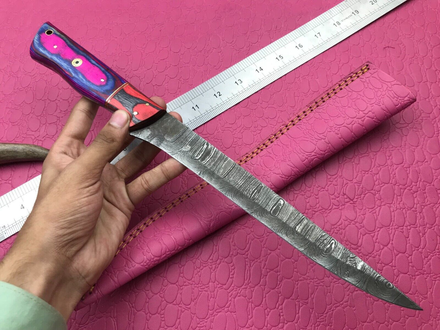 14" Handmade Damascus Fillet Knife Damascus Steel Knife W/Sheath