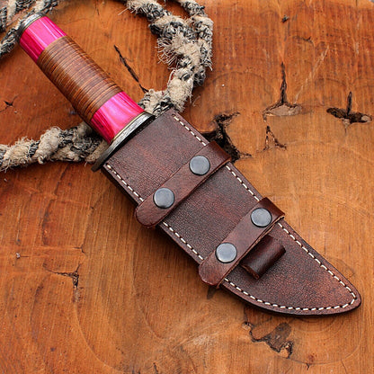 12" Twist Pattern Damascus Bowie Knife with Wood Handle – Handmade Fixed Blade Hunting Knife