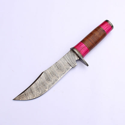 12" Twist Pattern Damascus Bowie Knife with Wood Handle – Handmade Fixed Blade Hunting Knife