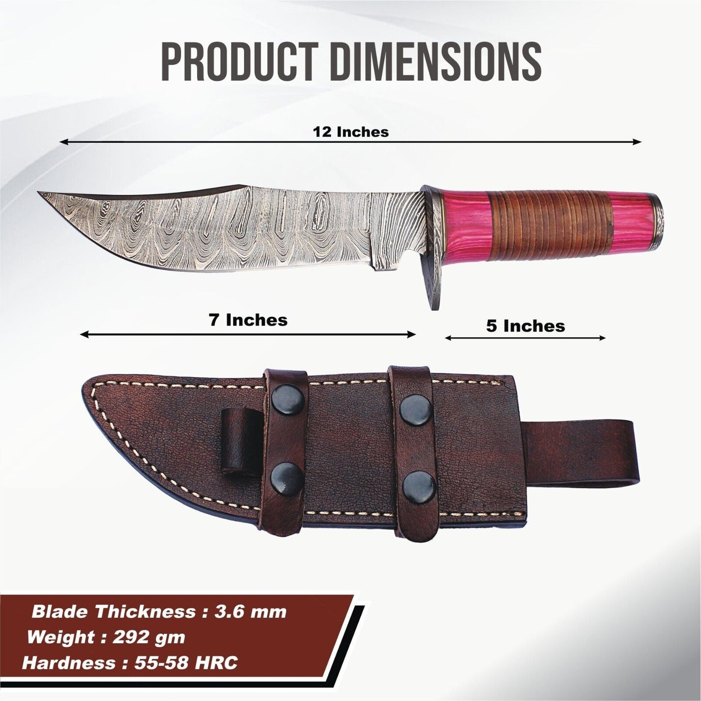12" Twist Pattern Damascus Bowie Knife with Wood Handle – Handmade Fixed Blade Hunting Knife