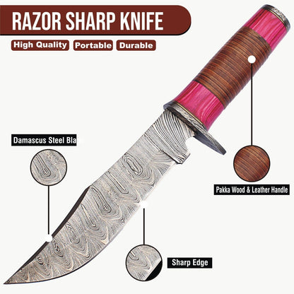 12" Twist Pattern Damascus Bowie Knife with Wood Handle – Handmade Fixed Blade Hunting Knife