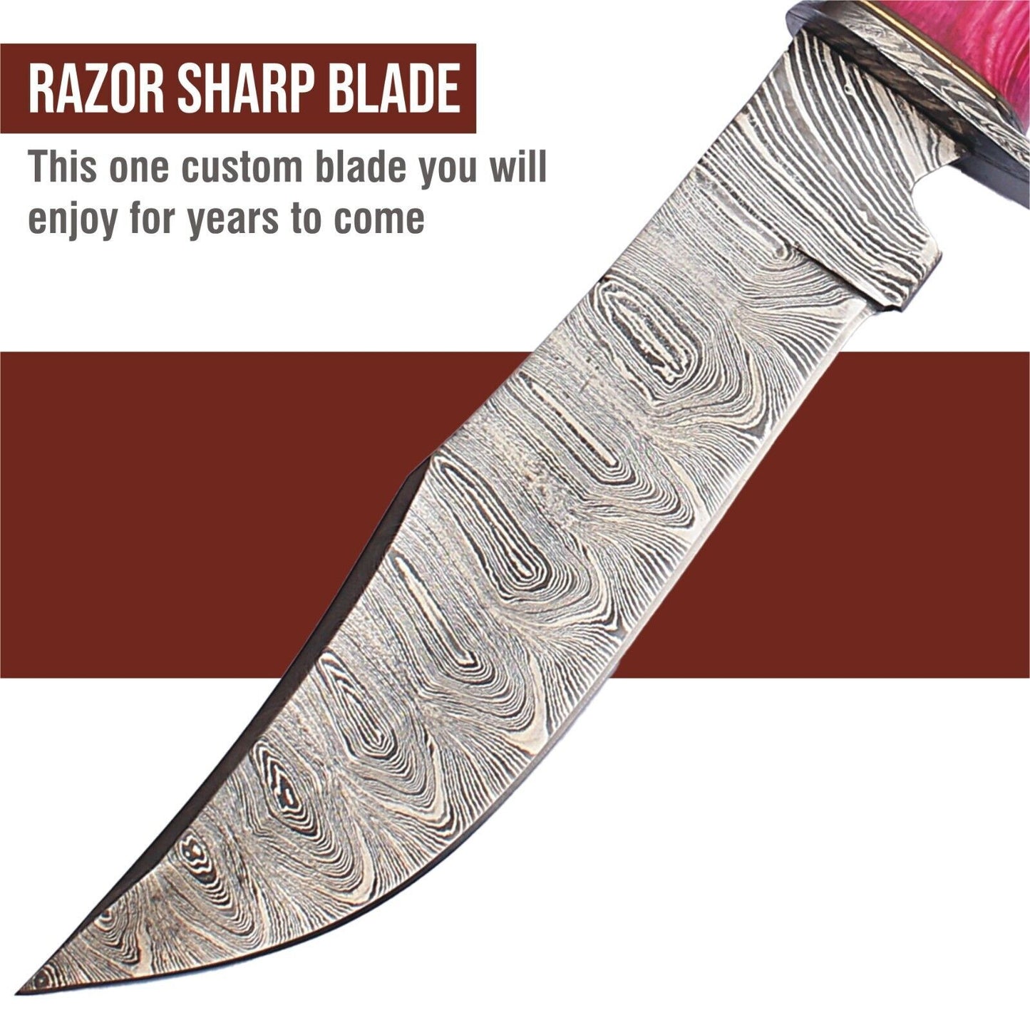12" Twist Pattern Damascus Bowie Knife with Wood Handle – Handmade Fixed Blade Hunting Knife