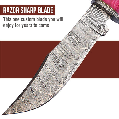 12" Twist Pattern Damascus Bowie Knife with Wood Handle – Handmade Fixed Blade Hunting Knife
