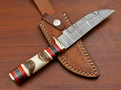12" Damascus Engraved Bowie Knife – Burn Bone Handle & Leather Sheath