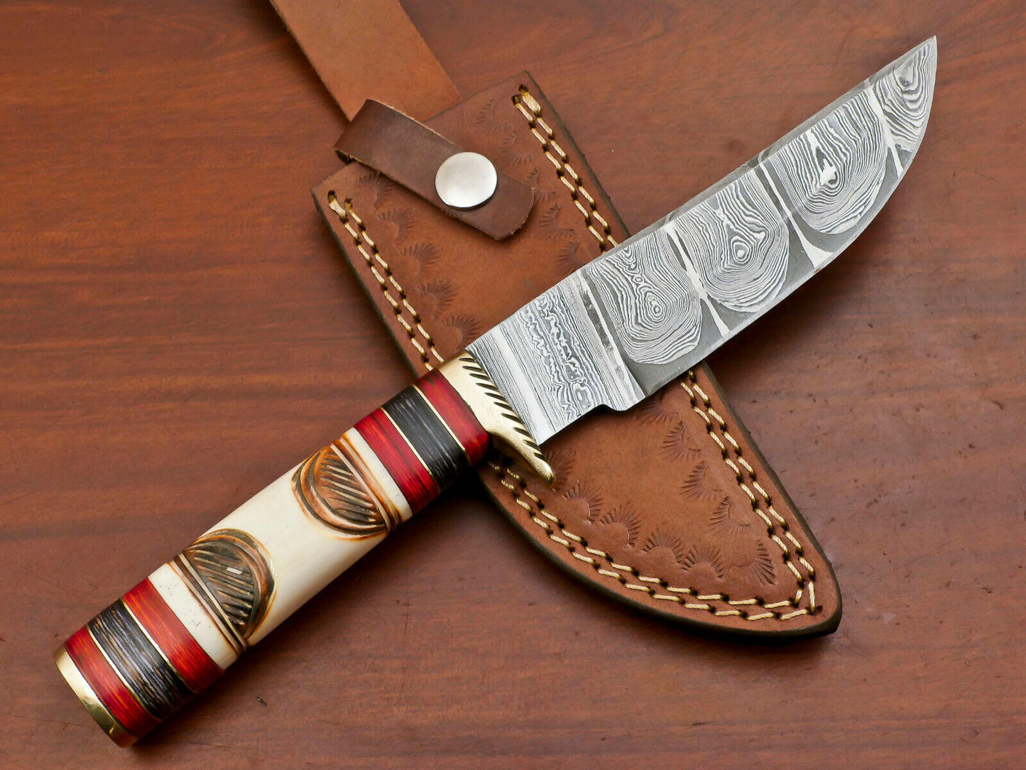 12" Damascus Engraved Bowie Knife – Burn Bone Handle & Leather Sheath