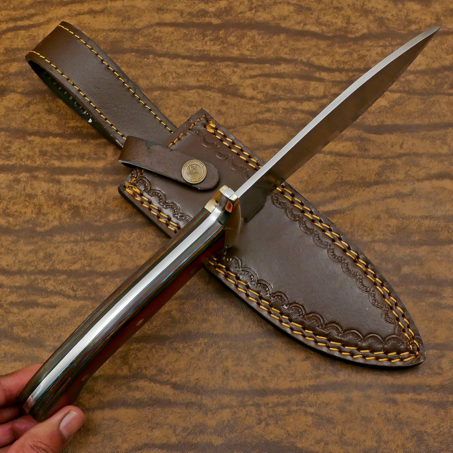 Handmade D2 Bowie Hunting Knife | 12-Inch Blade with Pakka Wood Handle & Leather Sheath
