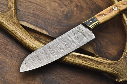 Hand Crafted Chef Knife Damascus Olive Wood Wooden Bolster – Fishing & Outdoor Use