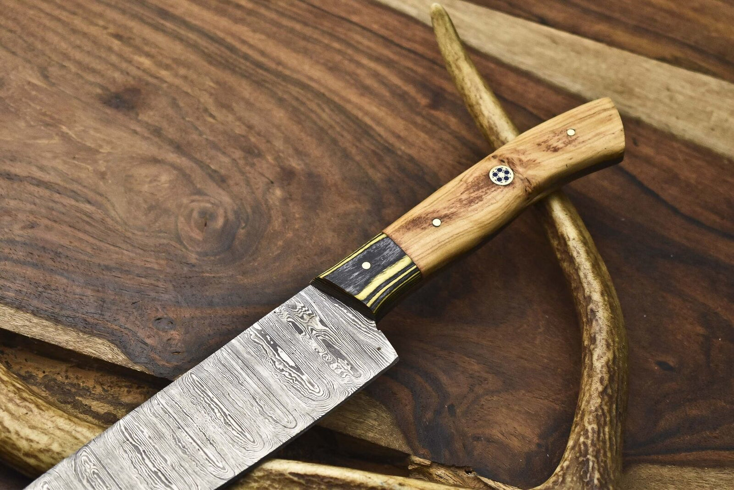 Hand Crafted Chef Knife Damascus Olive Wood Wooden Bolster – Fishing & Outdoor Use