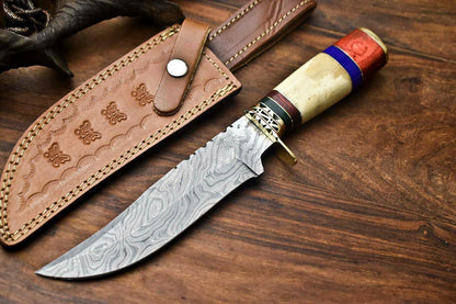12" Damascus Steel Bowie Knife with Camel Bone Handle – Handmade Full Tang Hunting Blade