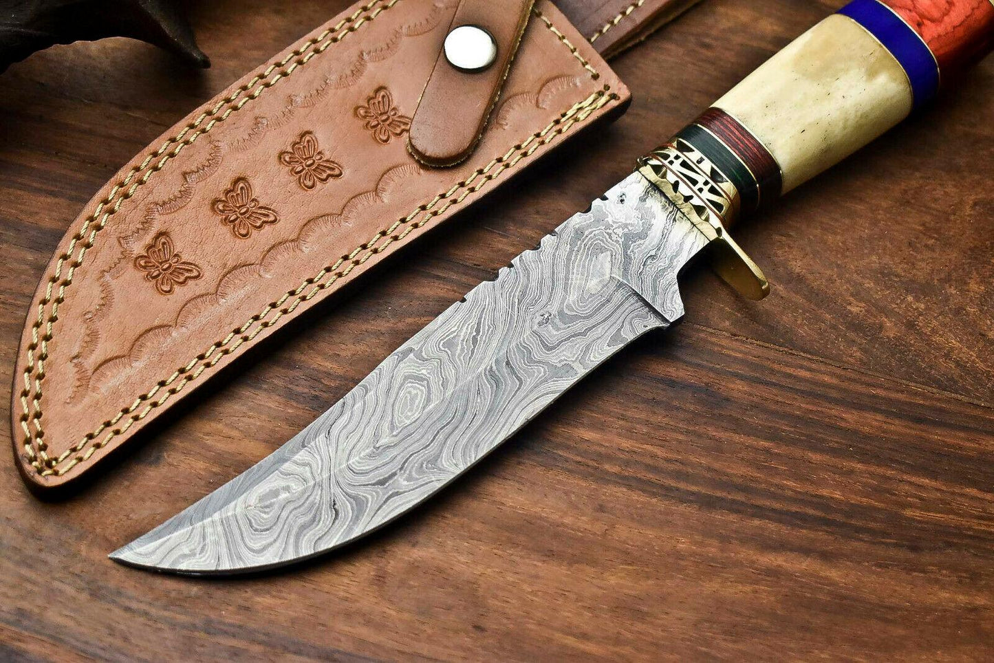 12" Damascus Steel Bowie Knife with Camel Bone Handle – Handmade Full Tang Hunting Blade