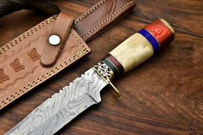 12" Damascus Steel Bowie Knife with Camel Bone Handle – Handmade Full Tang Hunting Blade