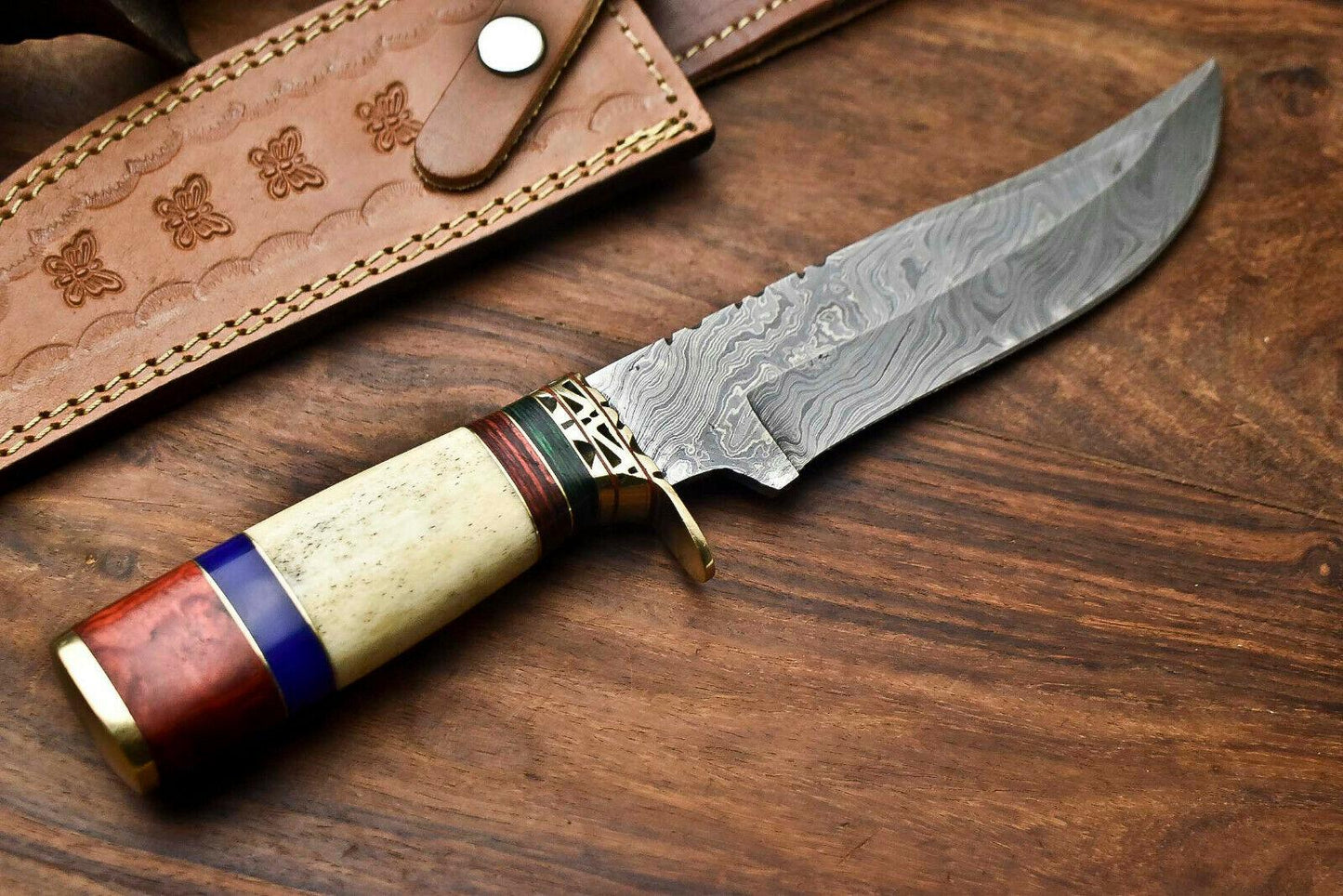 12" Damascus Steel Bowie Knife with Camel Bone Handle – Handmade Full Tang Hunting Blade