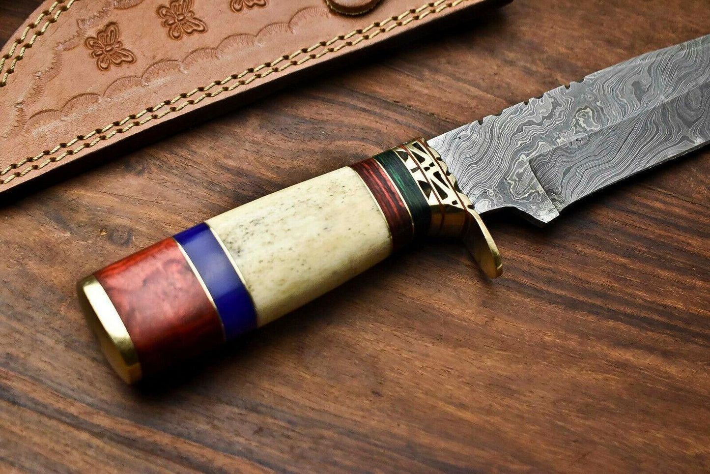12" Damascus Steel Bowie Knife with Camel Bone Handle – Handmade Full Tang Hunting Blade