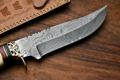12" Damascus Steel Bowie Knife with Camel Bone Handle – Handmade Full Tang Hunting Blade