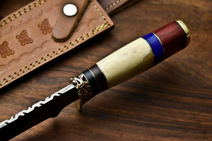 12" Damascus Steel Bowie Knife with Camel Bone Handle – Handmade Full Tang Hunting Blade