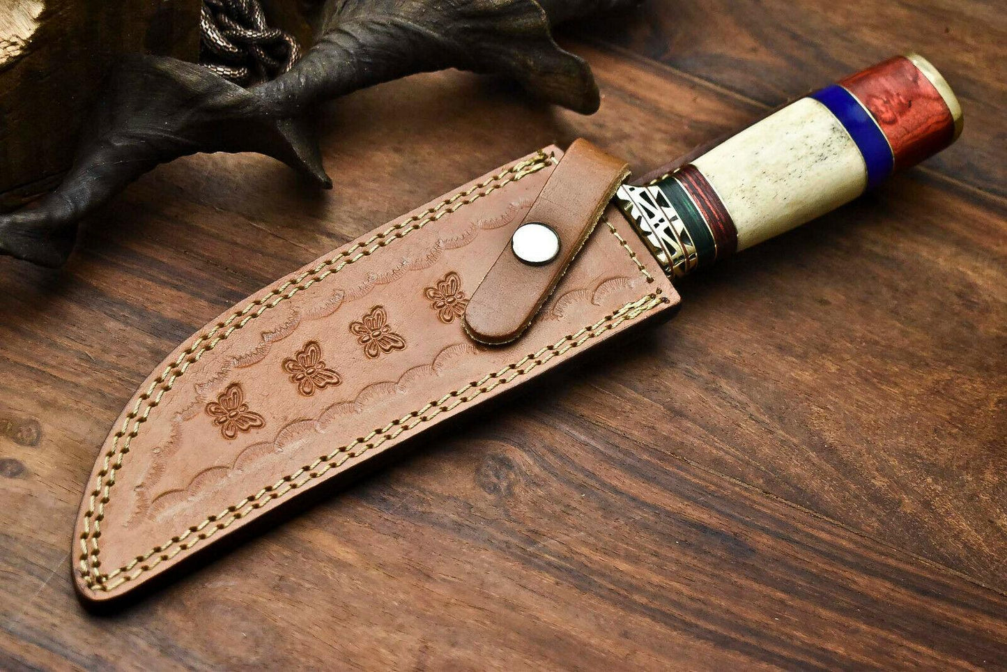 12" Damascus Steel Bowie Knife with Camel Bone Handle – Handmade Full Tang Hunting Blade