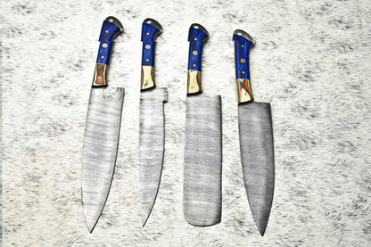 Lot Of 4 Handmade Damascus Hammered Full Tang Chef Set Knife | Hard Wood