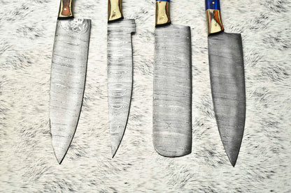 Lot Of 4 Handmade Damascus Hammered Full Tang Chef Set Knife | Hard Wood