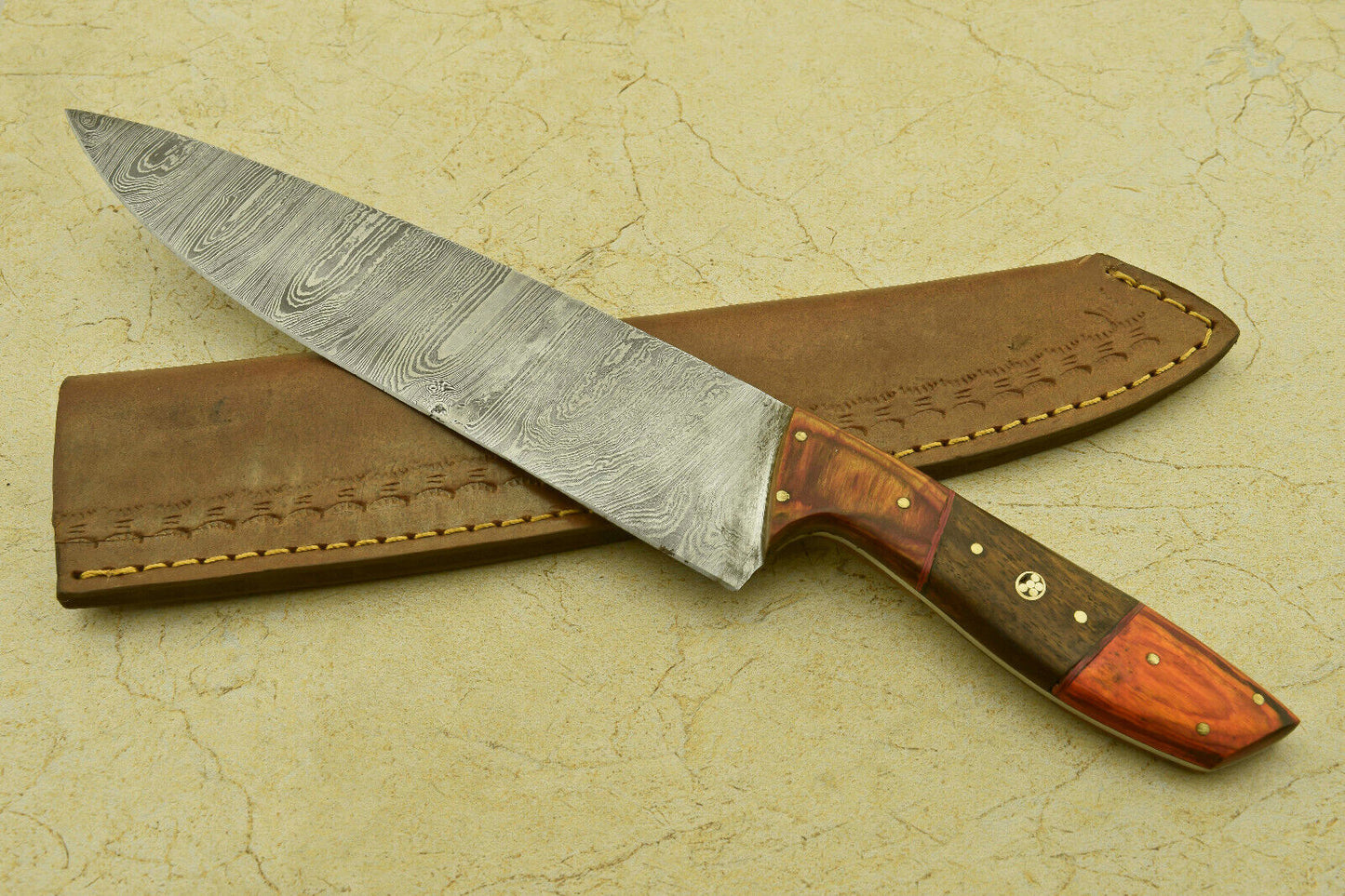 Custom Handmade Damascus Steel Chef Kitchen Knife with Wood Handle