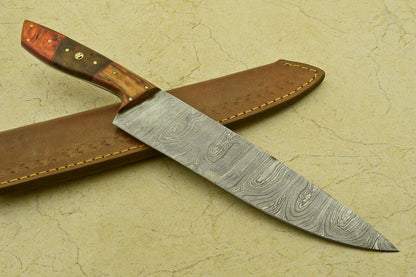 Custom Handmade Damascus Steel Chef Kitchen Knife with Wood Handle