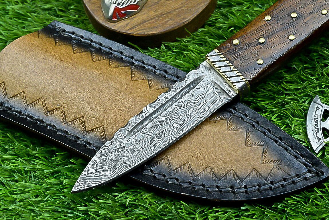 9" Damascus Steel Bowie Knife with Wood Handle & Sheath