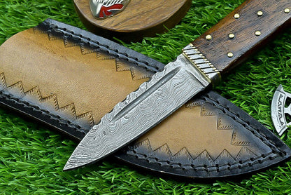 9" Damascus Steel Bowie Knife with Wood Handle & Sheath