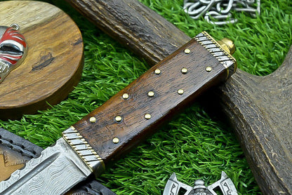 9" Damascus Steel Bowie Knife with Wood Handle & Sheath