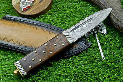 9" Damascus Steel Bowie Knife with Wood Handle & Sheath
