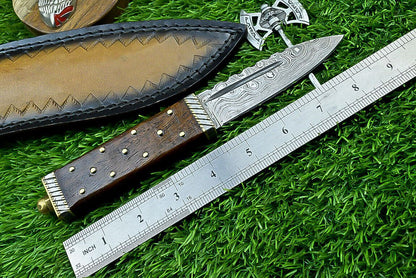 9" Damascus Steel Bowie Knife with Wood Handle & Sheath