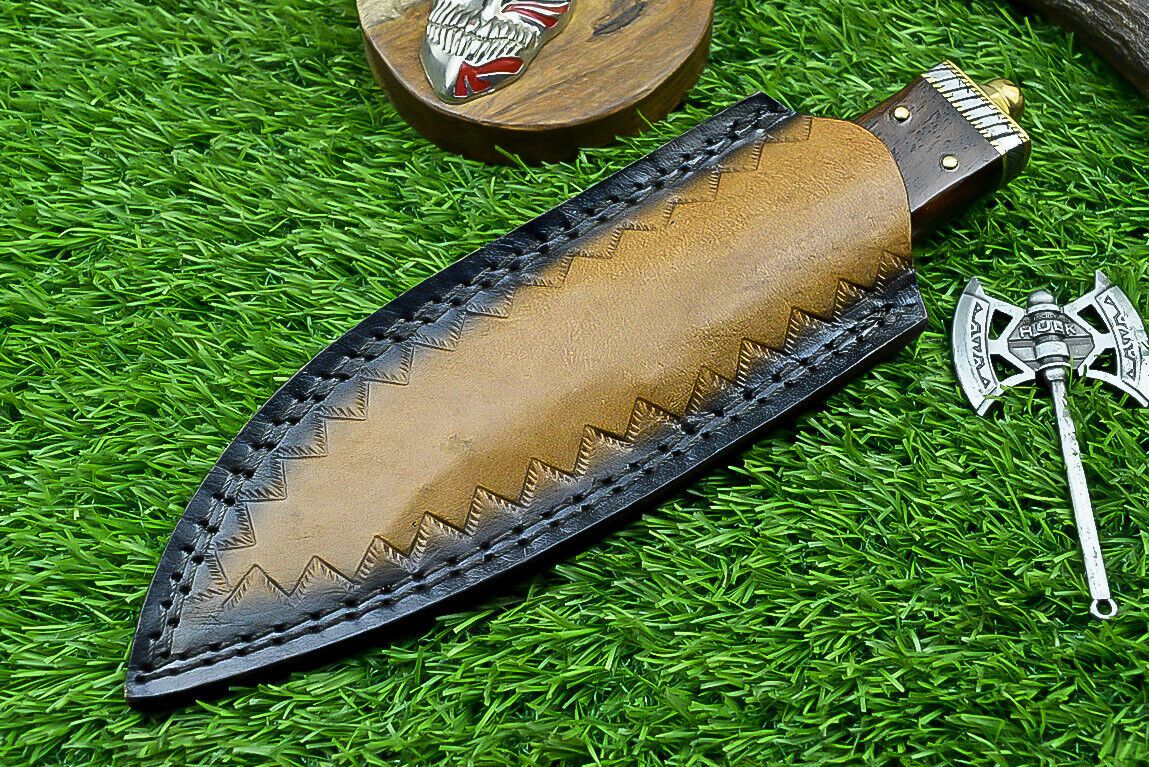 9" Damascus Steel Bowie Knife with Wood Handle & Sheath