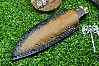 9" Damascus Steel Bowie Knife with Wood Handle & Sheath