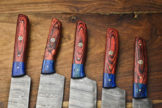 Custom Lot of 5 Handmade Hammered Damascus Steel Blade Chef Knife Set – Full Tang Kitchen Knives