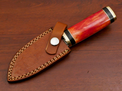 Custom Handmade Damascus Gut Hook Hunting Knife with Stained Bone and Pakka Wood Handle