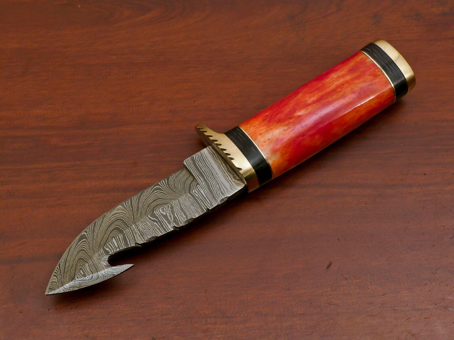 Custom Handmade Damascus Gut Hook Hunting Knife with Stained Bone and Pakka Wood Handle