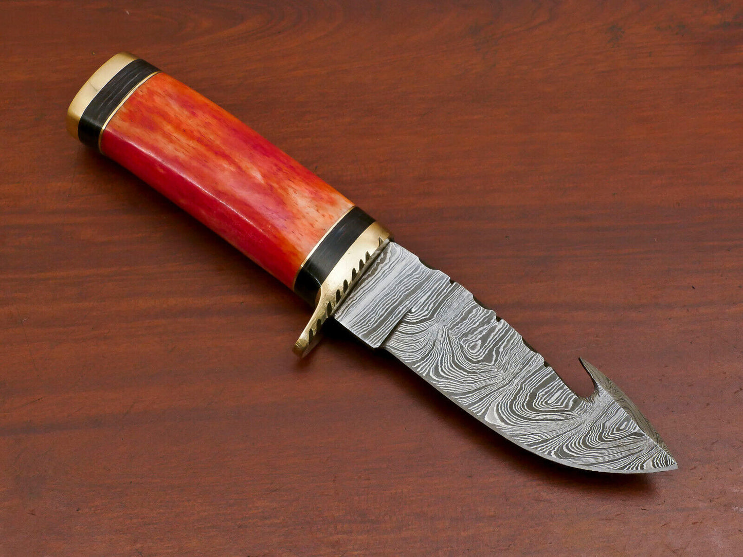 Custom Handmade Damascus Gut Hook Hunting Knife with Stained Bone and Pakka Wood Handle