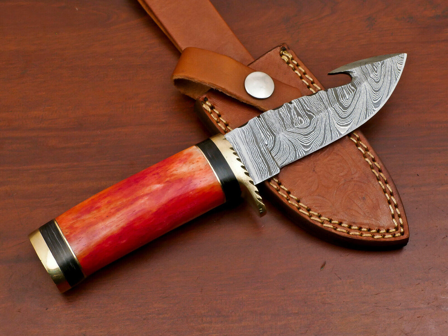 Custom Handmade Damascus Gut Hook Hunting Knife with Stained Bone and Pakka Wood Handle
