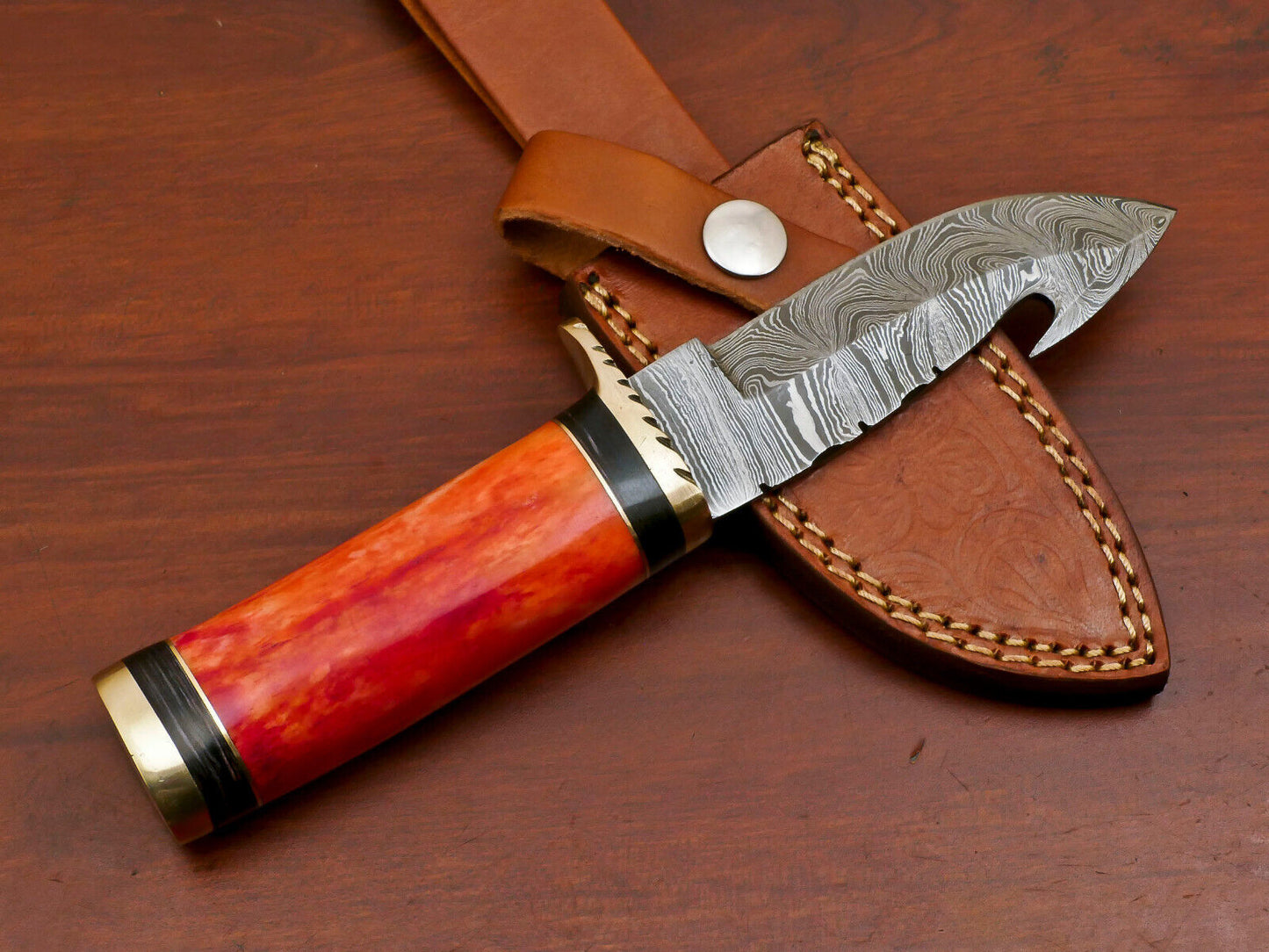 Custom Handmade Damascus Gut Hook Hunting Knife with Stained Bone and Pakka Wood Handle