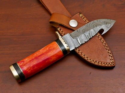 Custom Handmade Damascus Gut Hook Hunting Knife with Stained Bone and Pakka Wood Handle