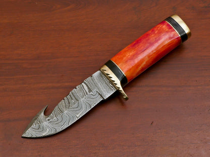 Custom Handmade Damascus Gut Hook Hunting Knife with Stained Bone and Pakka Wood Handle