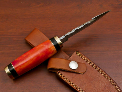 Custom Handmade Damascus Gut Hook Hunting Knife with Stained Bone and Pakka Wood Handle