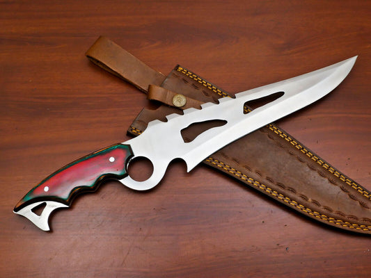 16 Inch Handmade D2 Steel Full Tang Bowie Hunting Knife with Pakka Wood Handle & Leather Sheath