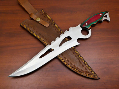16" Handmade D2 Steel Full Tang Bowie Hunting Knife with Pakka Wood Handle & Leather Sheath
