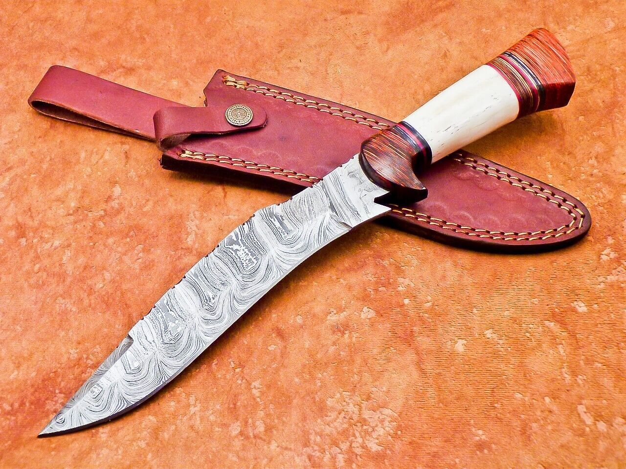 Damascus Bowie Knife with Camel Bone & Hardwood Handle