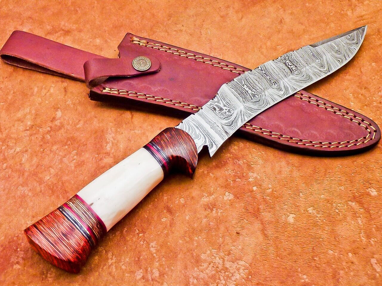 Damascus Bowie Knife with Camel Bone & Hardwood Handle