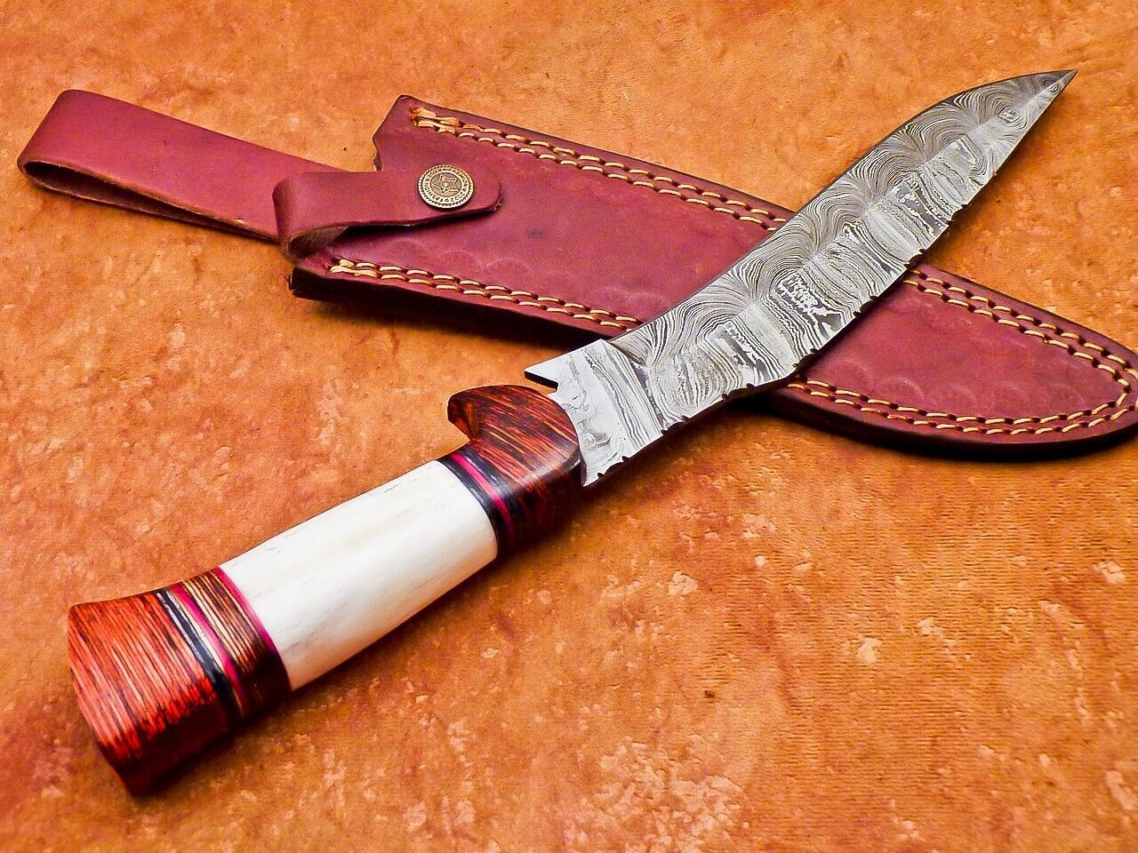 Damascus Bowie Knife with Camel Bone & Hardwood Handle