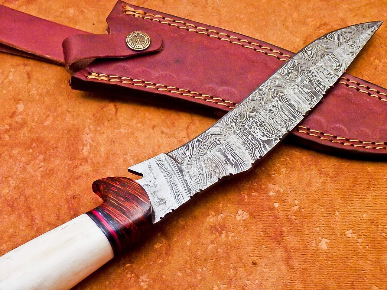 Damascus Bowie Knife with Camel Bone & Hardwood Handle