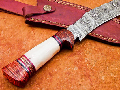 Damascus Bowie Knife with Camel Bone & Hardwood Handle